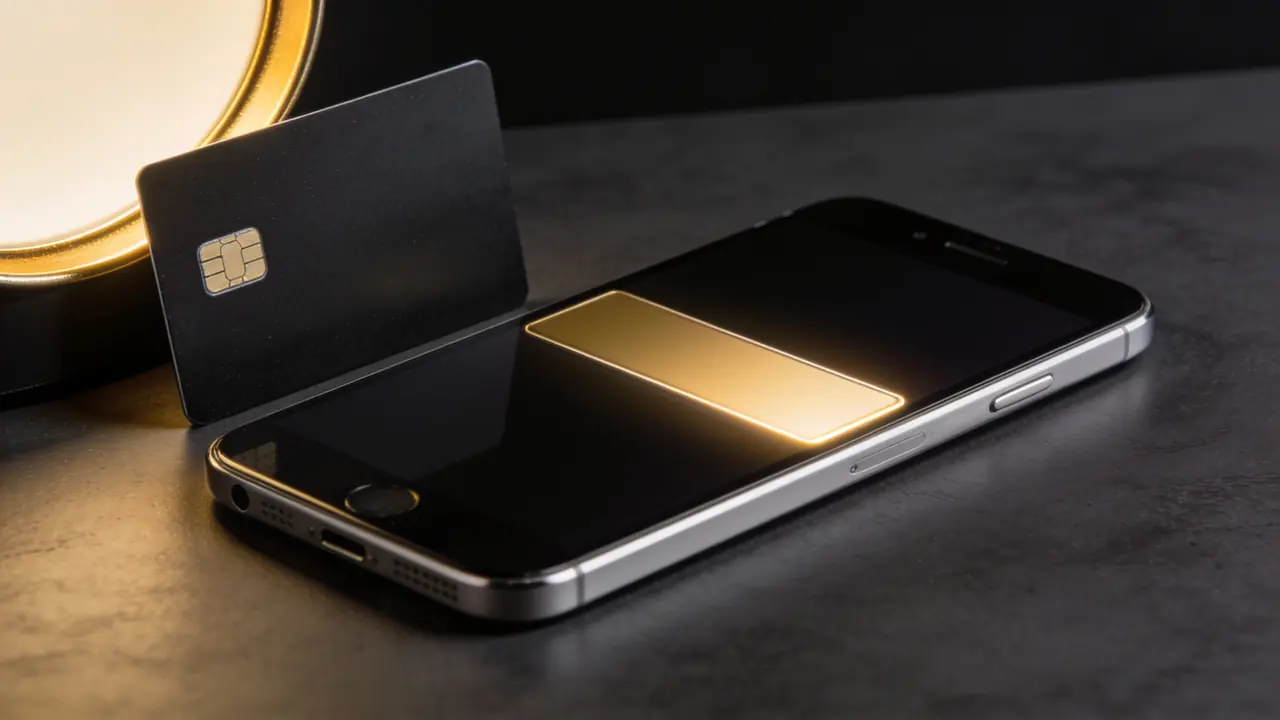 A crypto card being topped up from an exchange balance on a phone, with the converted fiat balance ready to spend